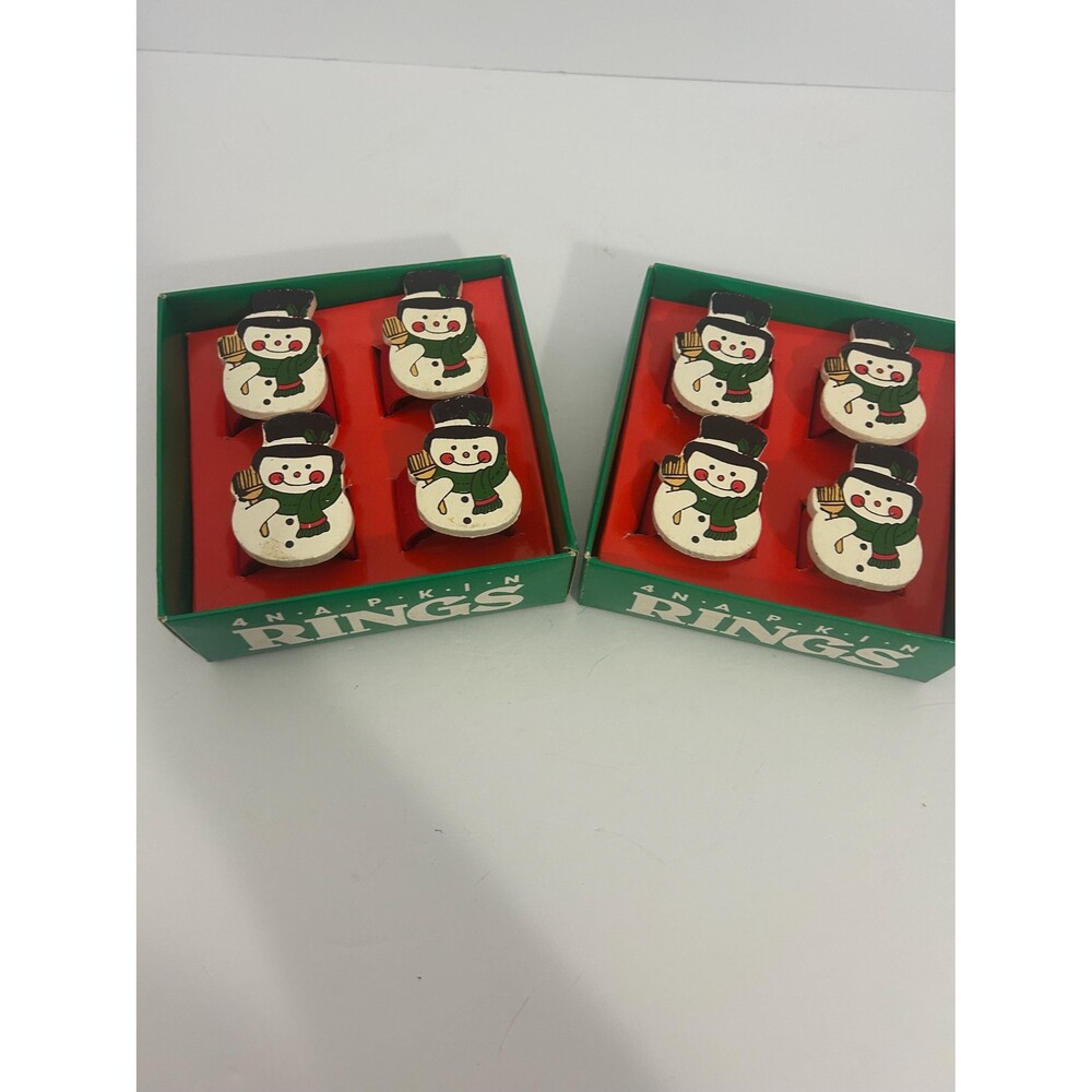 Vintage Hand-Painted Wooden Snowman Napkin Rings, Rustic Christmas Table Decor